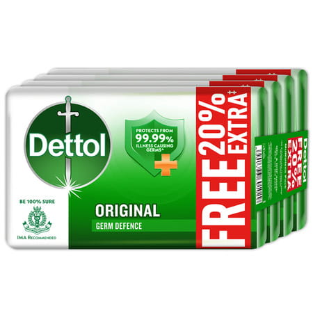 Dettol Original Germ Protection Bathing Soap Bar, 125gm + 20% Extra Free, Pack Of 4