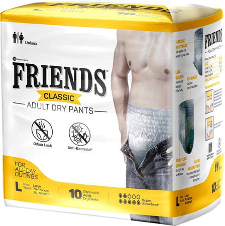 Friends Classic Adult Diapers Pants Style - 10 Count (L) Waist 30-56 Inch