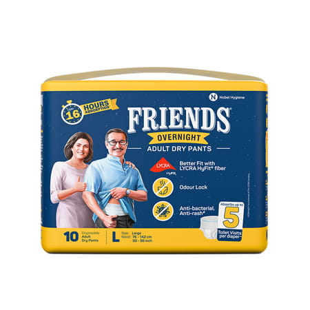 Friends Overnight Adult Diapers Pants Style - 10 Count (L-Xl) Waist 30-56 Inch