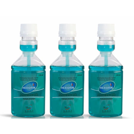 Hexidrin Cool Mint Alcohol Free Mouthwash| Removes 99.99% Of Germs| Sugar Free (150ml Pack-3-Green)