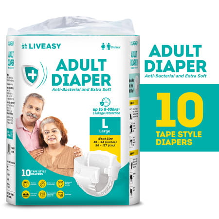 Liveasy Adult Diaper Tape Style (L)-10 | Anti Bacterial And Odour Lock Technology-Waist 38-54 Inch