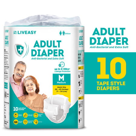 Liveasy Adult Diaper Tape Style (M)-10|Anti Bacterial And Odour Lock Technology - Waist 28-45 Inch