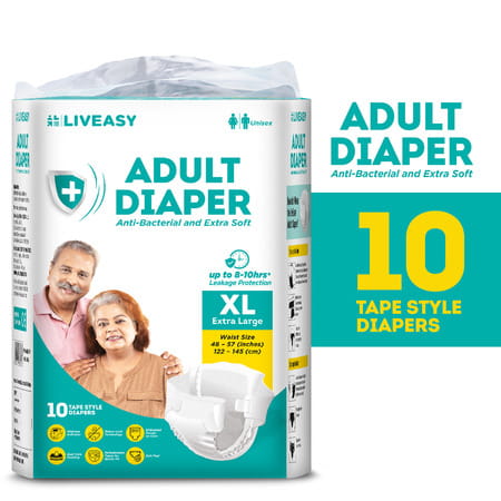 Liveasy Adult Diaper Tape Style (Xl)-10 | Anti Bacterial And Odour Lock Technology-Waist 48-57 Inch