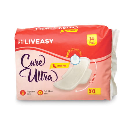 Liveasy Care Ultra Sanitary Pads | 14 Xxl Pads | Soft & Rash Free | Leak-Lock Technology