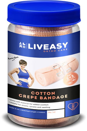 Liveasy Ortho Care Cotton Crepe Bandage - Reduces Strain Sprain & Swelling - 8 Cms X 4 Meters