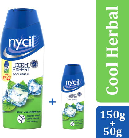 Nycil Cool Herbal Prickly Heat Talcum Powder, 150g (Get Nycil Cool Herbal 50g Free)