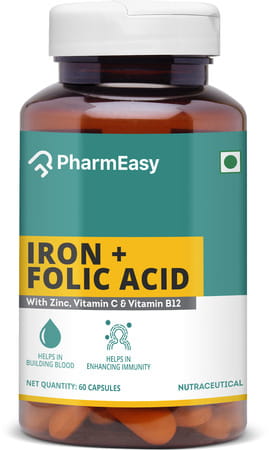 Pharmeasy Iron+Folic Acid With Zinc, Vitamin C &B12 - Maintains Overall Health - Bottle Of 60