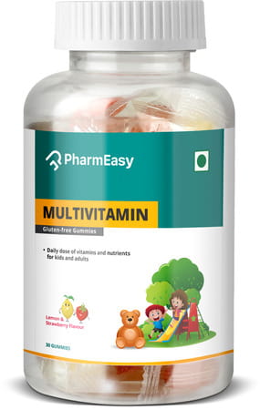 Pharmeasy Multivitamin Gummies For Kids And Adults Lemon & Strawberry Flavour Bottle Of 30 Gummies