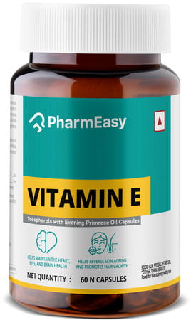 Pharmeasy Vitamin E - Helps Reverse Skin Ageing - Maintains Heart Eye & Brain Health - Bottle Of 60