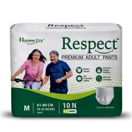 Respect Unisex Adult Diaper Pants Style| 10-12 Hour Leakage Protection (M - 10 Count, 24-35 Inches)