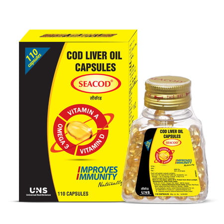 Seacod Pure Cod Liver Oil Capsules 300mg With Omega 3,Vitamin A & D,For Kids & Adults (110 Softgels)